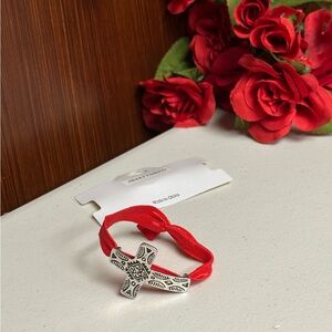 Silver hammered across Bracelet with Red Band